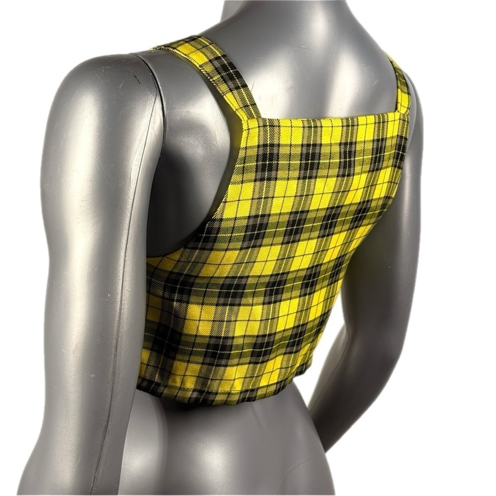 The Ragged Priest | Yellow Black Plaid Zip Up Crop Tank Top - Picture 5 of 12